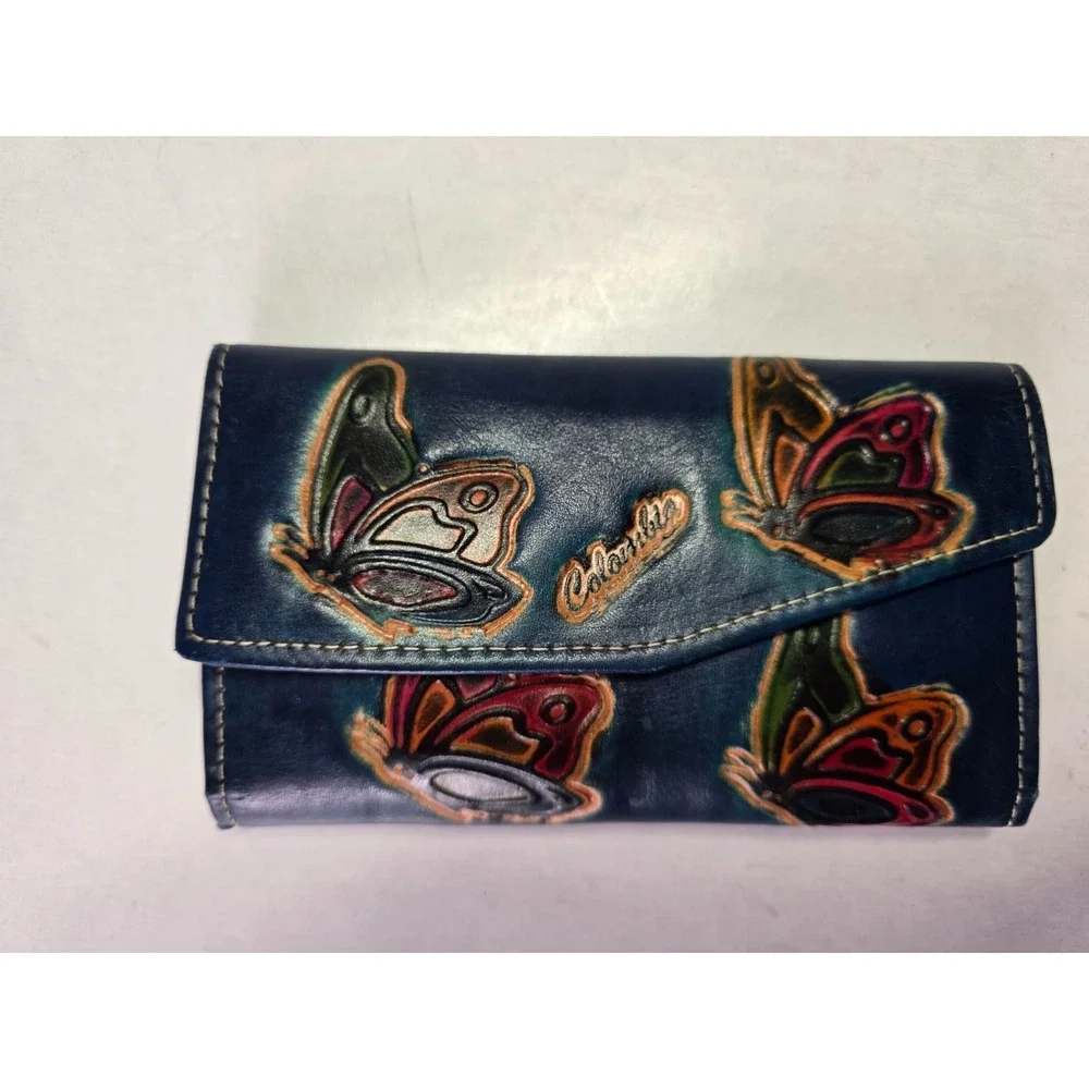Hand-Painted‎ Leather Credit Card Wallet With Floral Butterfly Print Check Book